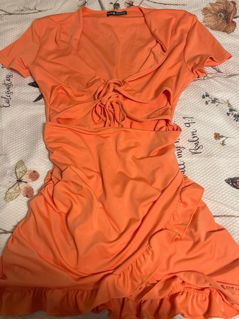 SHEIN Orange Tie-Front Ruffle Mini Dress